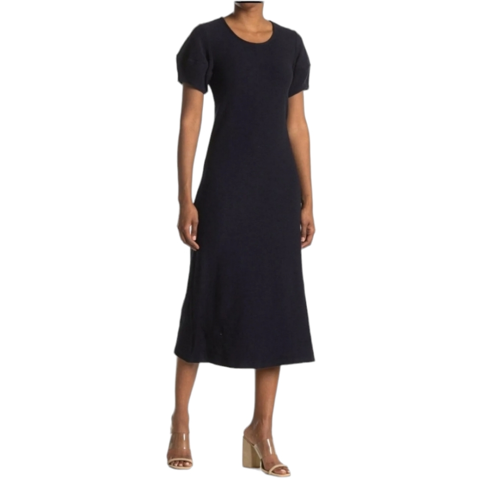 NSR Puff Sleeve Midi Dress Navy Blue Womens L Short Sleeve Cotton Blend …